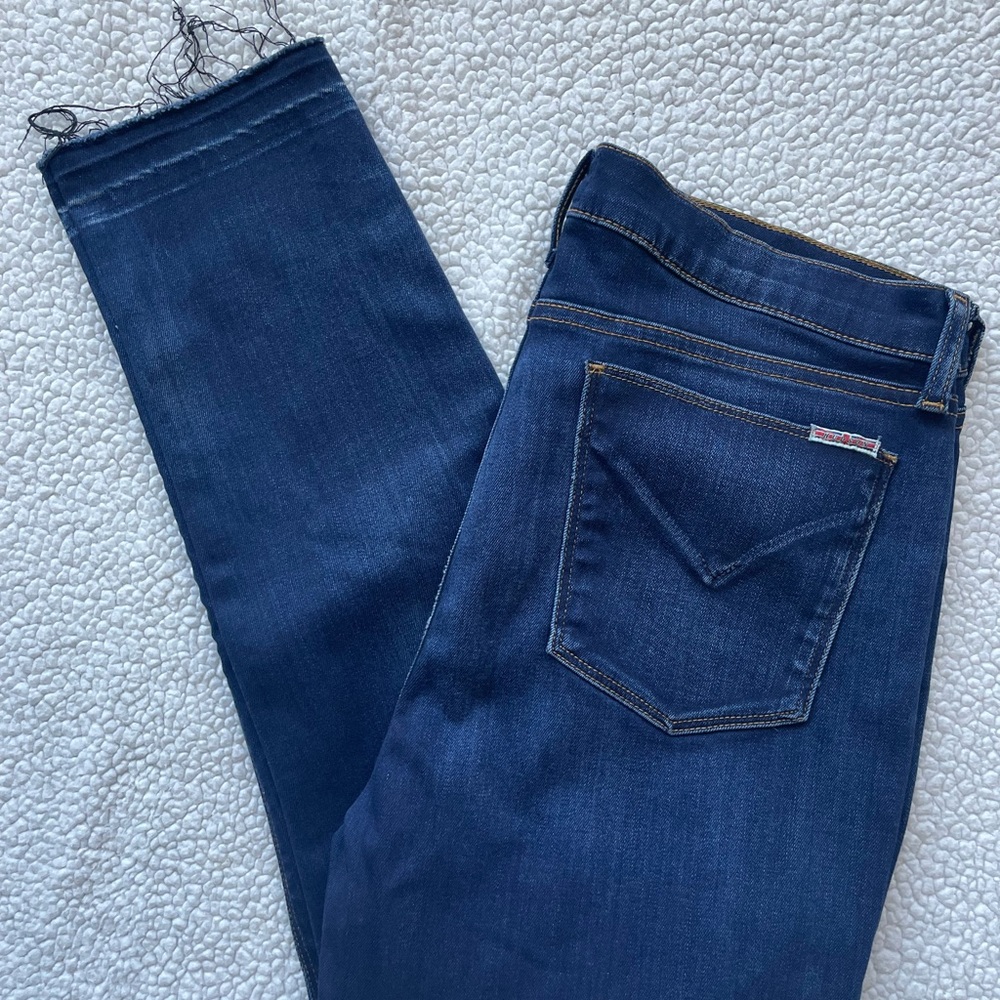 Hudson dark wash skinny jeans with raw hem